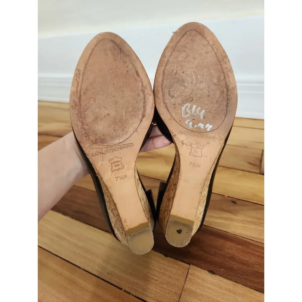 ARTURO CHIANG Black Leather Designer Peep Toe Cork Heel Size 7.5M - Picture 7 of 7